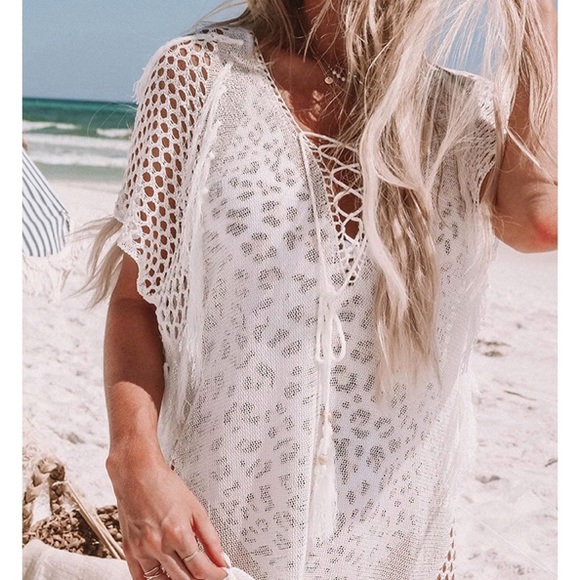 Ivory Crochet Fringe Lace Up Beach Swim Coverup - Picture 2 of 3